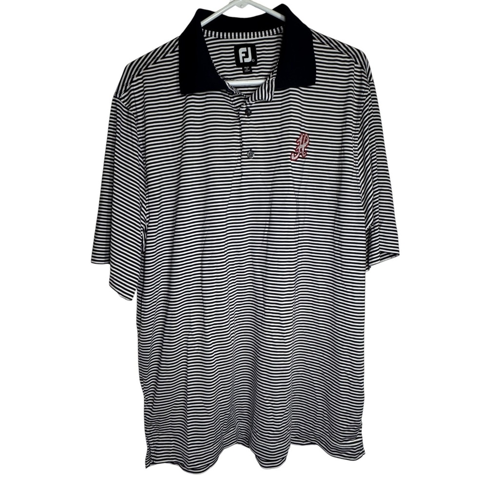 FootJoy Performance Golf Polo Shirt Mens L Navy Blue White Stripe Golf Script H - Picture 10 of 11